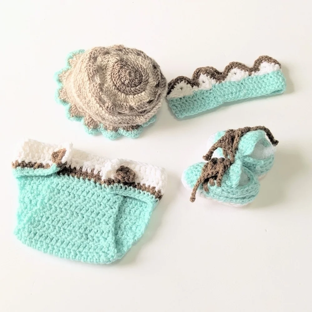 Handmade Matching Crochet Whale Lovey Baby Crib Set in Aqua and Brown-ish/Tan
